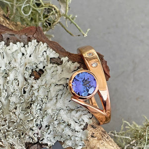 Unique Artdeco Inspired Tanzanite and Diamond Rose Gold Ring