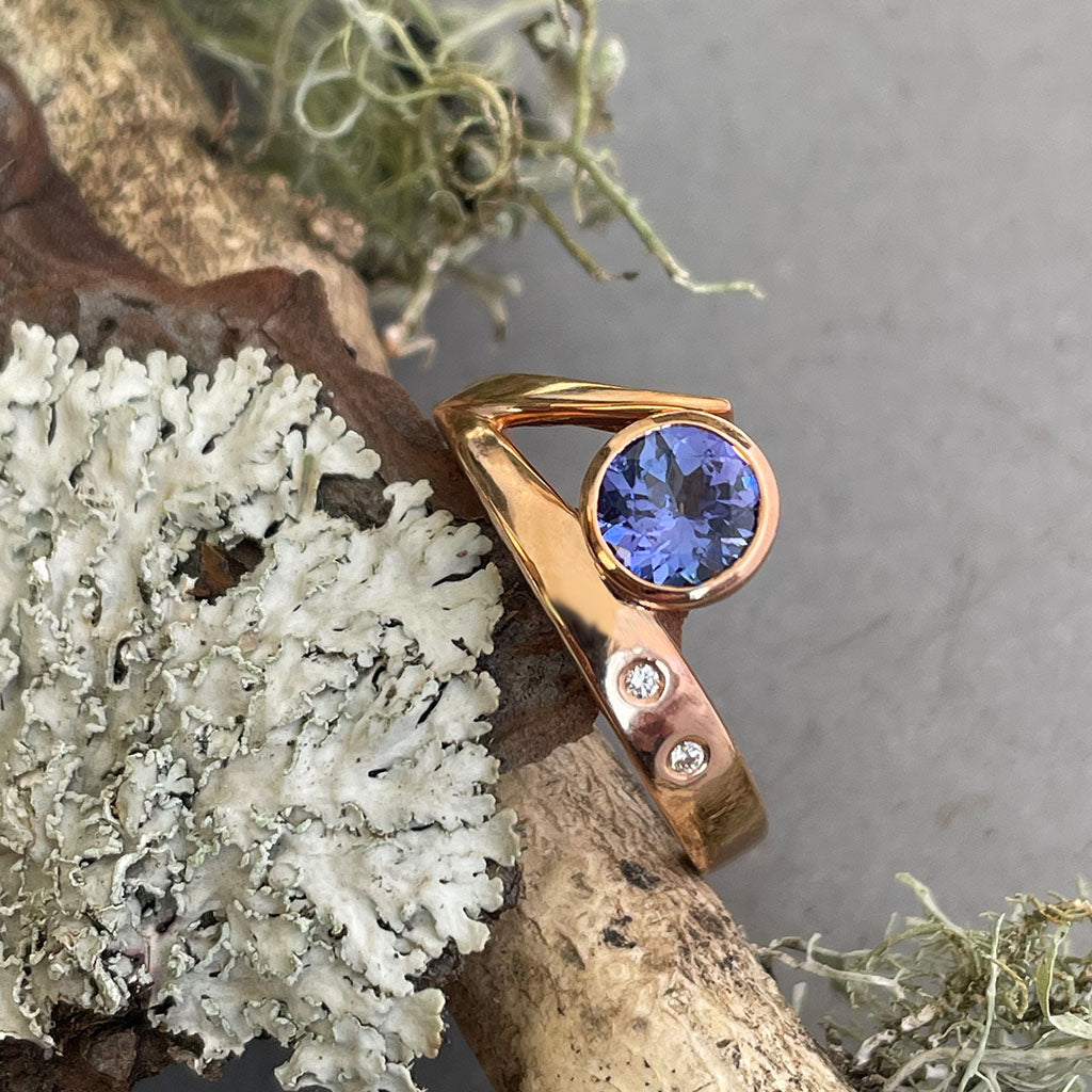 Unique Artdeco Inspired Tanzanite and Diamond Rose Gold Ring