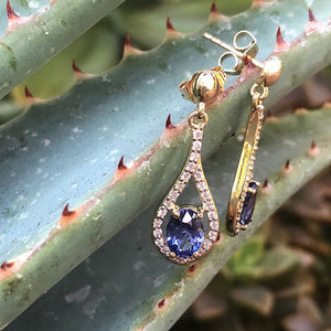 Unique Diamond Halo Oval Cut Tanzanite and Diamond Drop Earrings