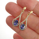 Unique Diamond Halo Oval Cut Tanzanite and Diamond Drop Earrings