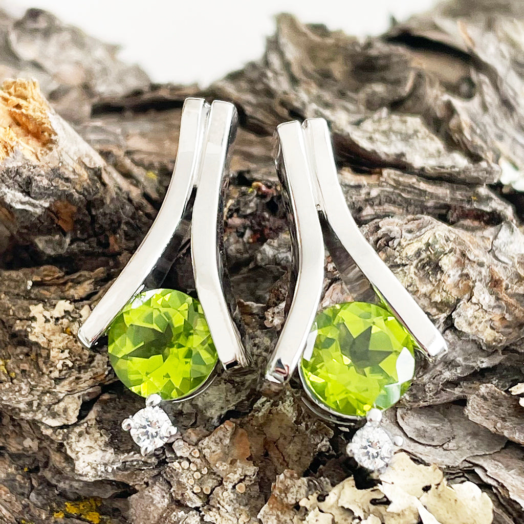 Unique Handcrafted Peridot with Diamond White Gold Earrings