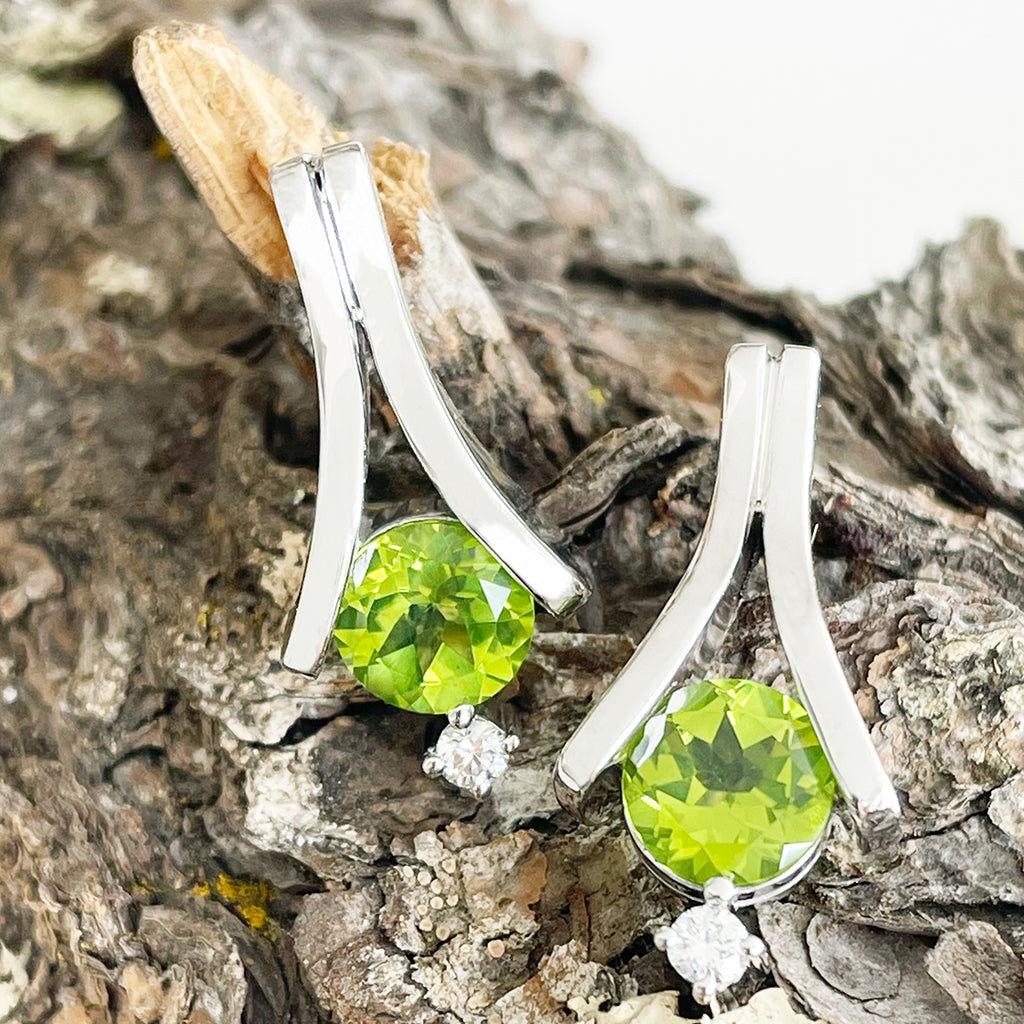 Unique Handcrafted Peridot with Diamond White Gold Earrings