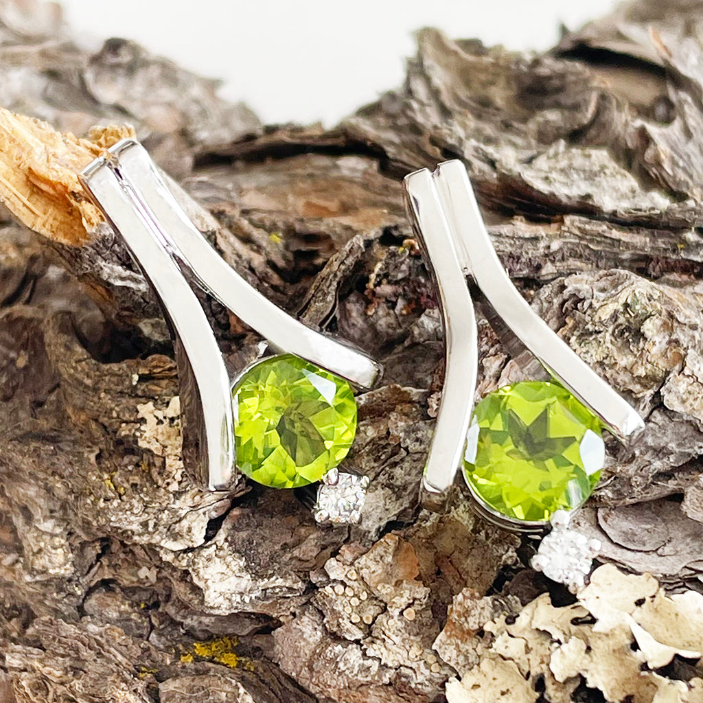 Unique Handcrafted Peridot with Diamond White Gold Earrings