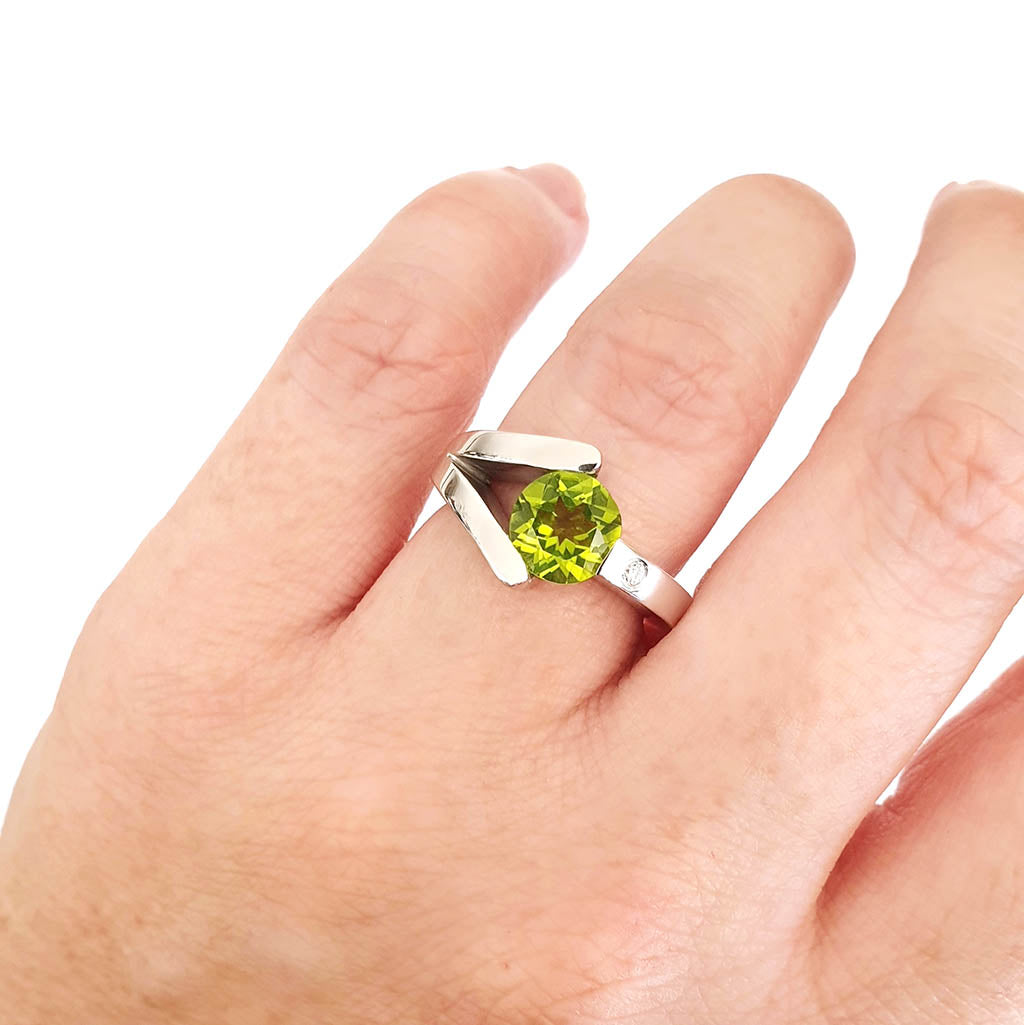 Unique Handcrafted Peridot with Diamond White Gold Ring