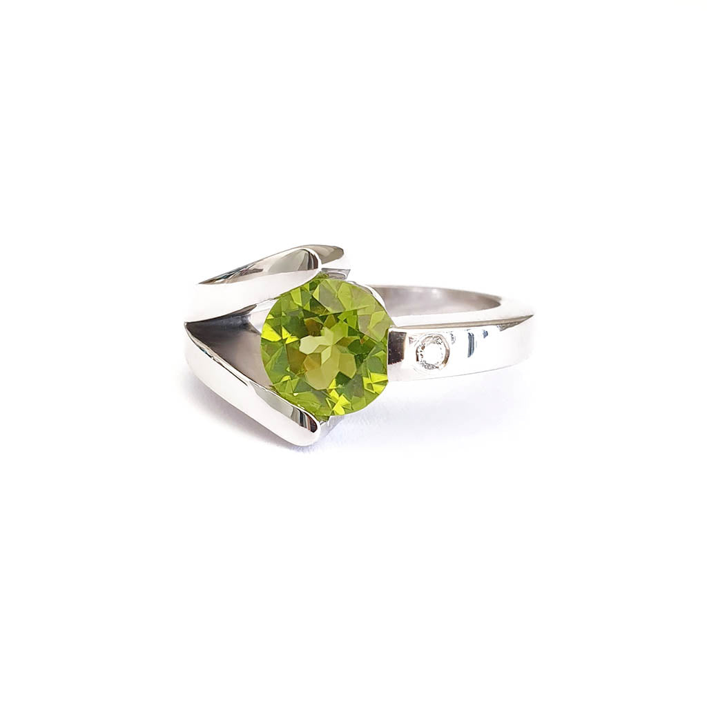 Unique Handcrafted Peridot with Diamond White Gold Ring
