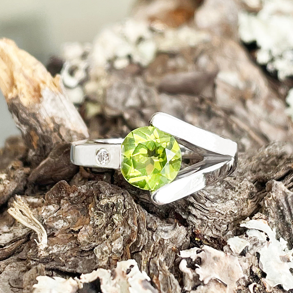 Unique Handcrafted Peridot with Diamond White Gold Ring