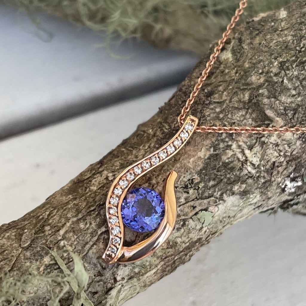 Unique Twisted Tanzanite and Diamond Encrusted Rose Gold Pendant