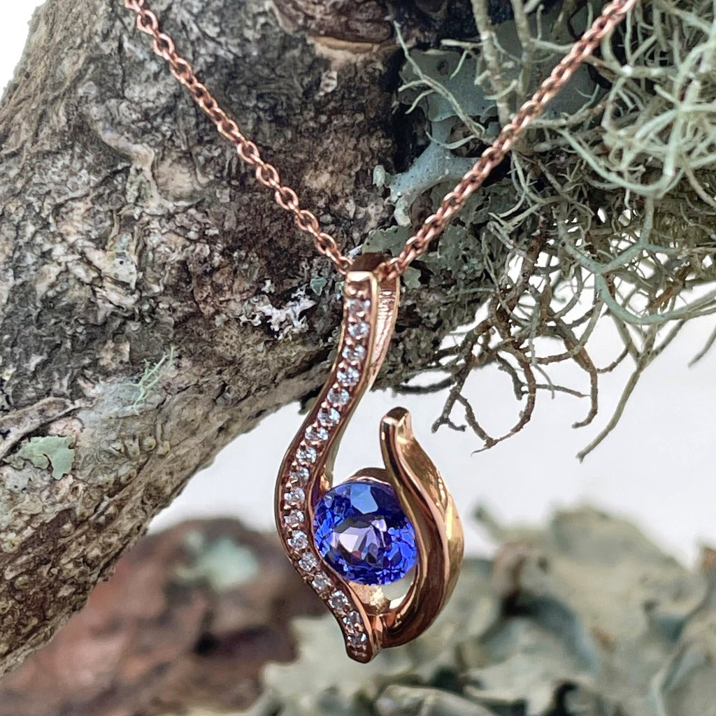 Unique Twisted Tanzanite and Diamond Encrusted Rose Gold Pendant