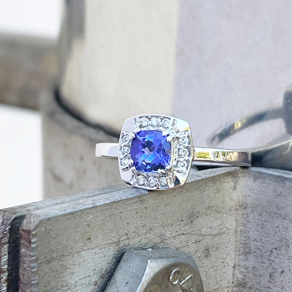 Vintage Inspired Cushion Cut Tanzanite White Gold Ring