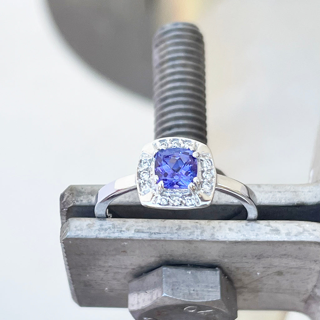 Vintage Inspired Cushion Cut Tanzanite White Gold Ring