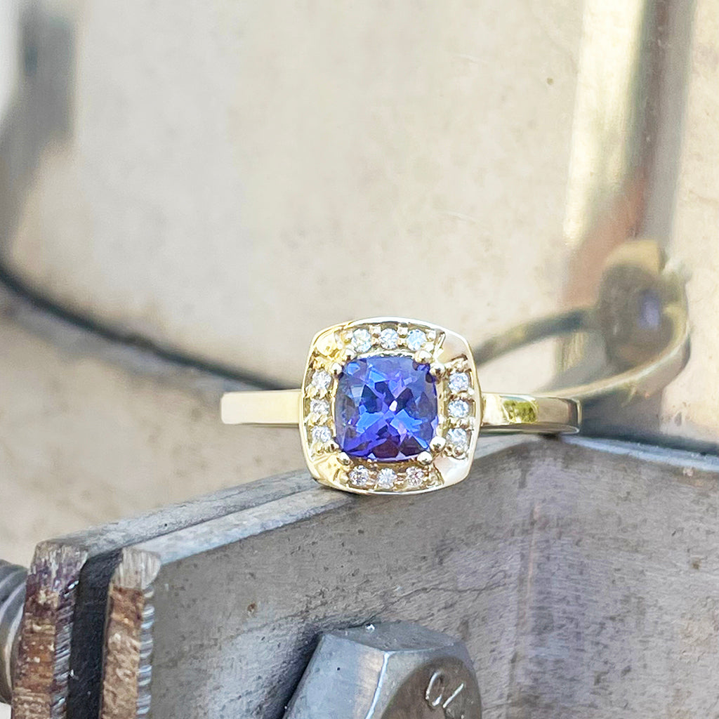 Vintage Inspired Cushion Cut Tanzanite Yellow Gold Ring