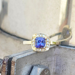 Vintage Inspired Cushion Cut Tanzanite Yellow Gold Ring