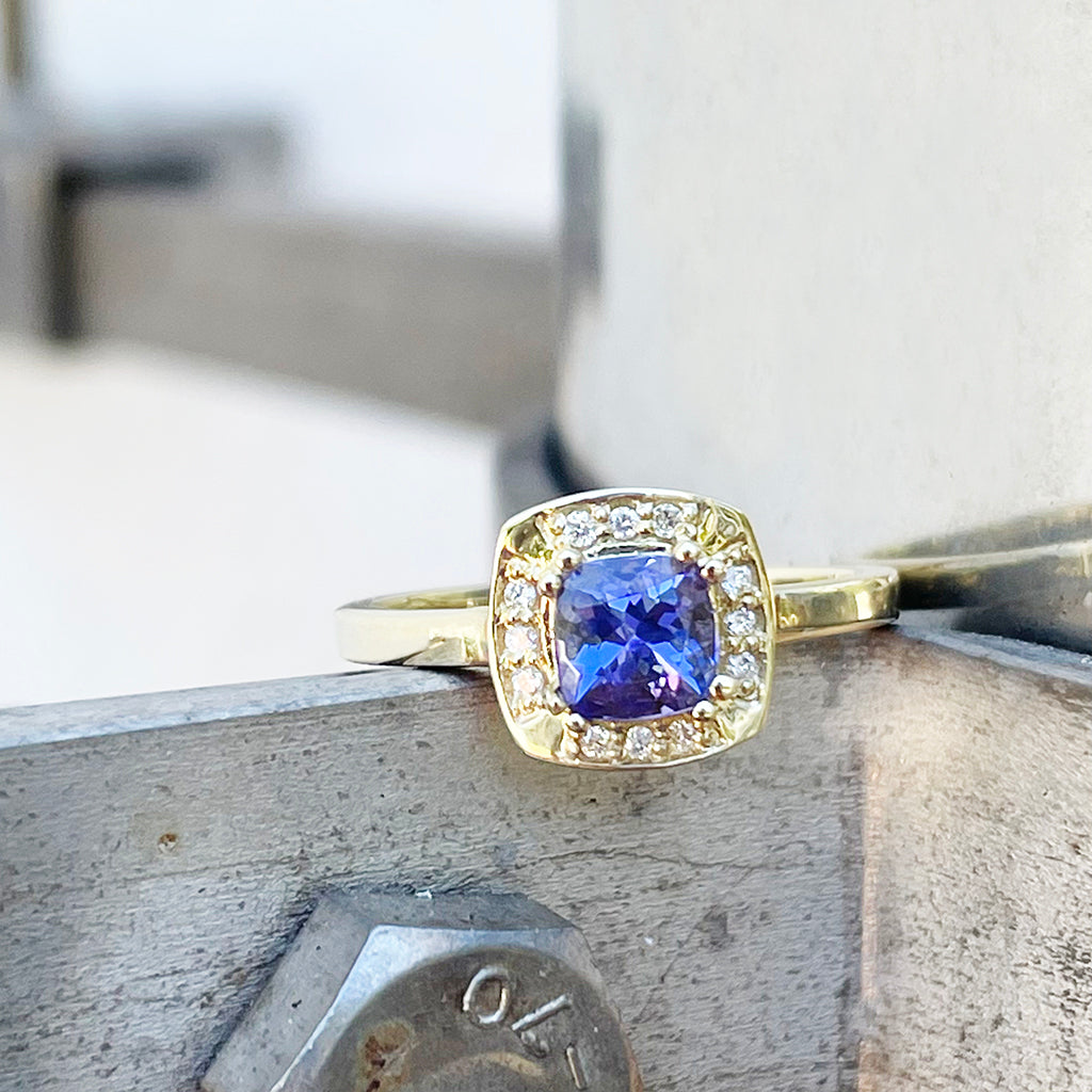 Vintage Inspired Cushion Cut Tanzanite Yellow Gold Ring