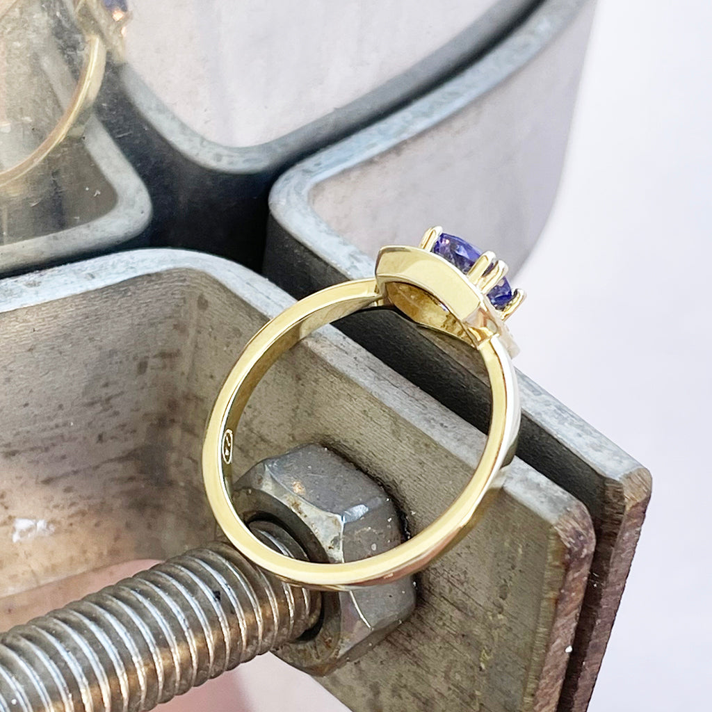 Vintage Inspired Cushion Cut Tanzanite Yellow Gold Ring