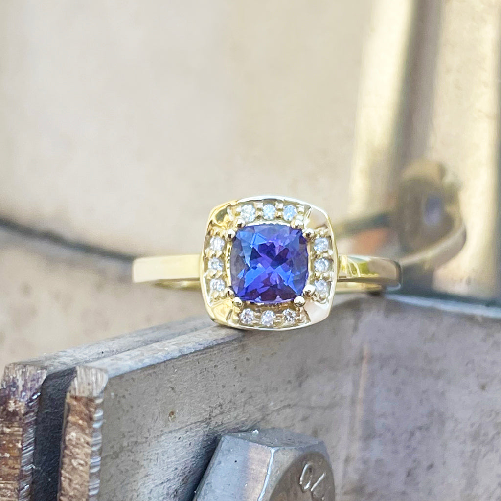 Vintage Inspired Cushion Cut Tanzanite Yellow Gold Ring