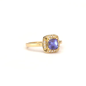 Vintage Inspired Cushion Cut Tanzanite Yellow Gold Ring