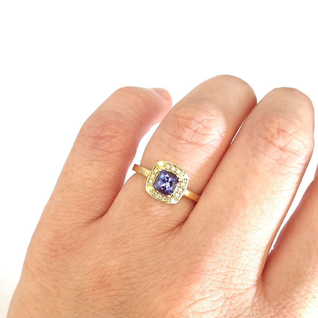 Vintage Inspired Cushion Cut Tanzanite Yellow Gold Ring