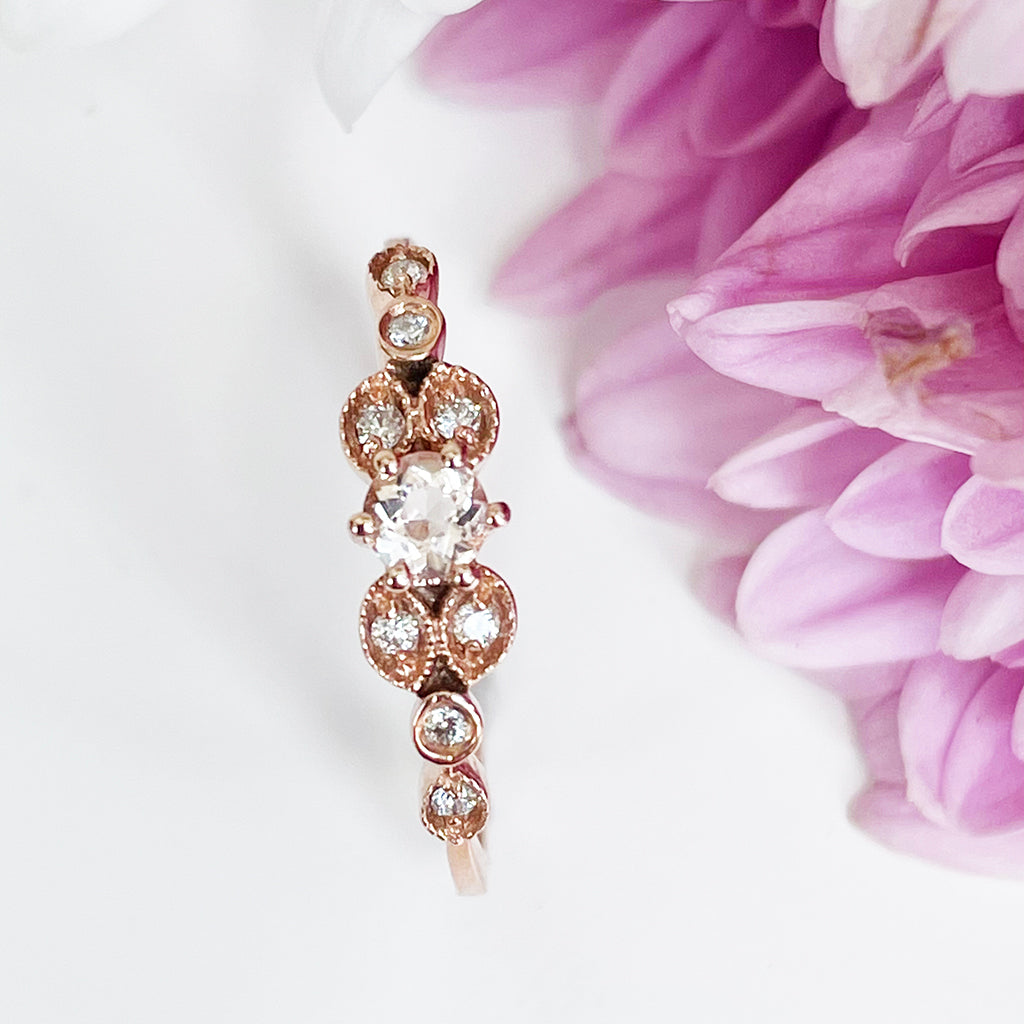 Vintage Inspired Morganite and Diamond Rose Gold Ring