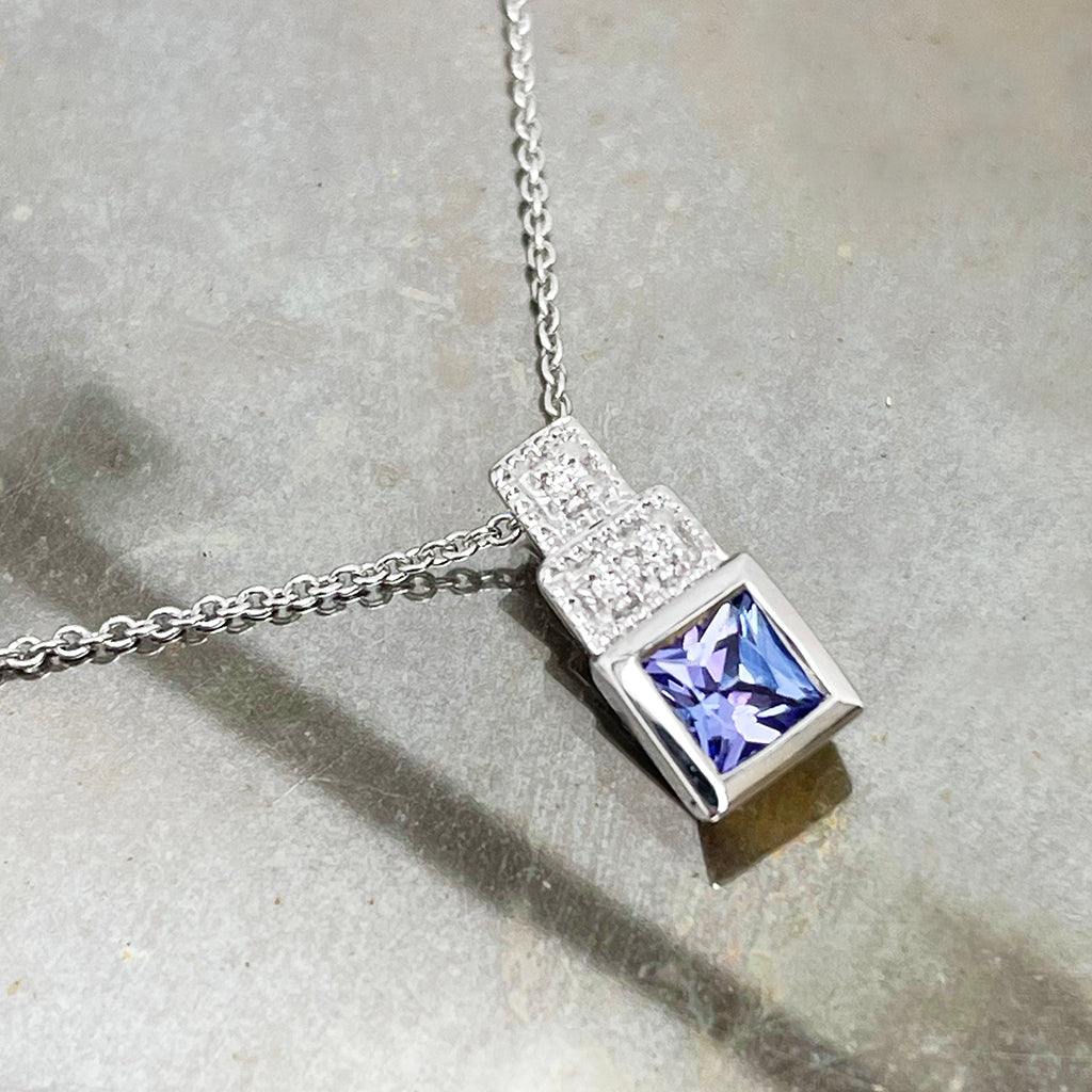 Vintage Inspired Tanzanite with Diamond Square Step Pendant