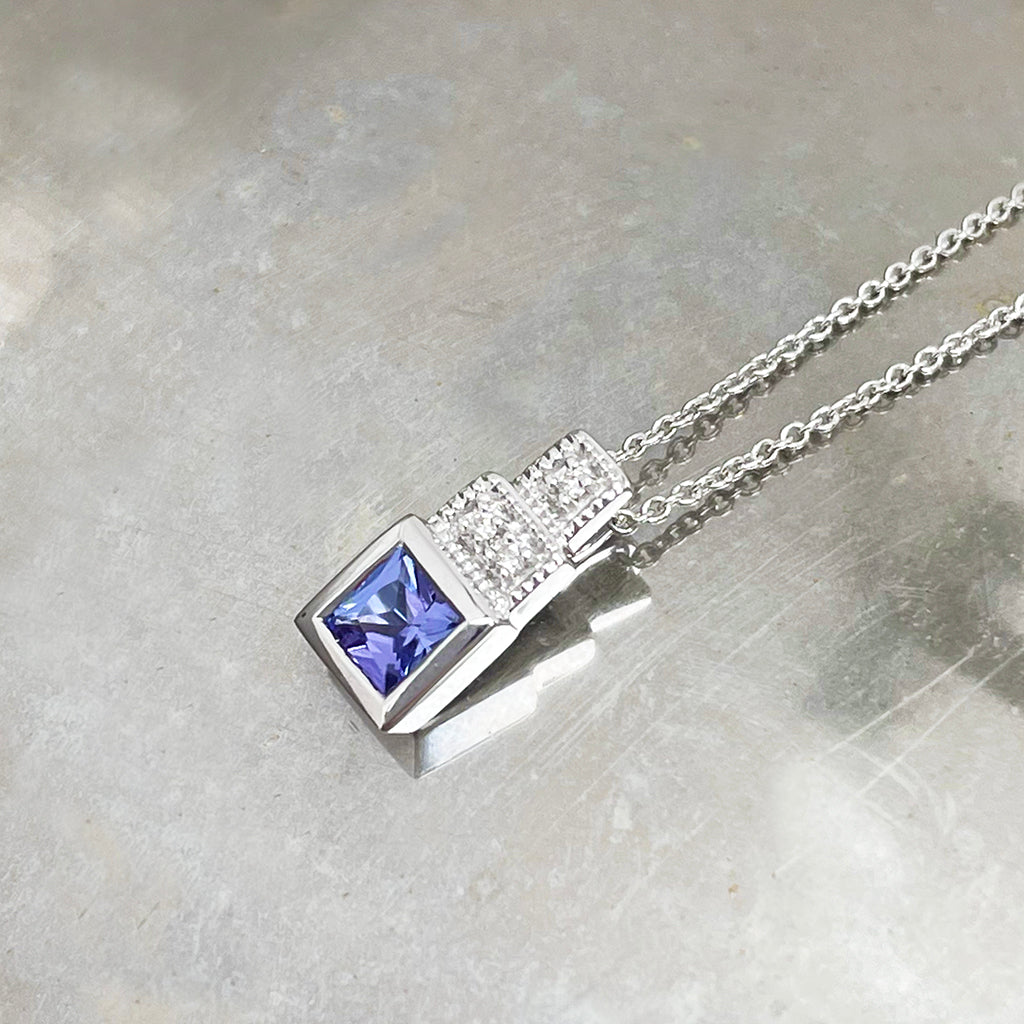 Vintage Inspired Tanzanite with Diamond Square Step Pendant