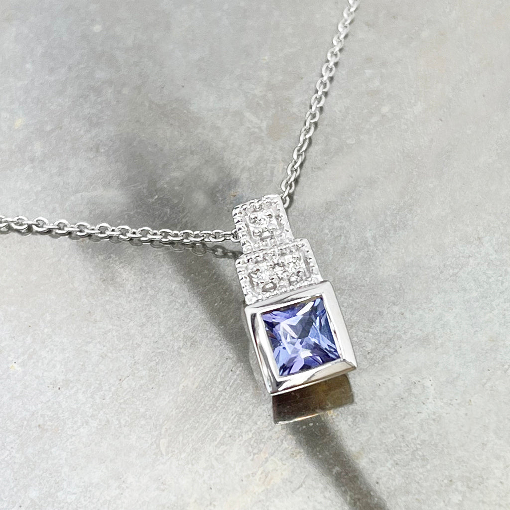 Vintage Inspired Tanzanite with Diamond Square Step Pendant