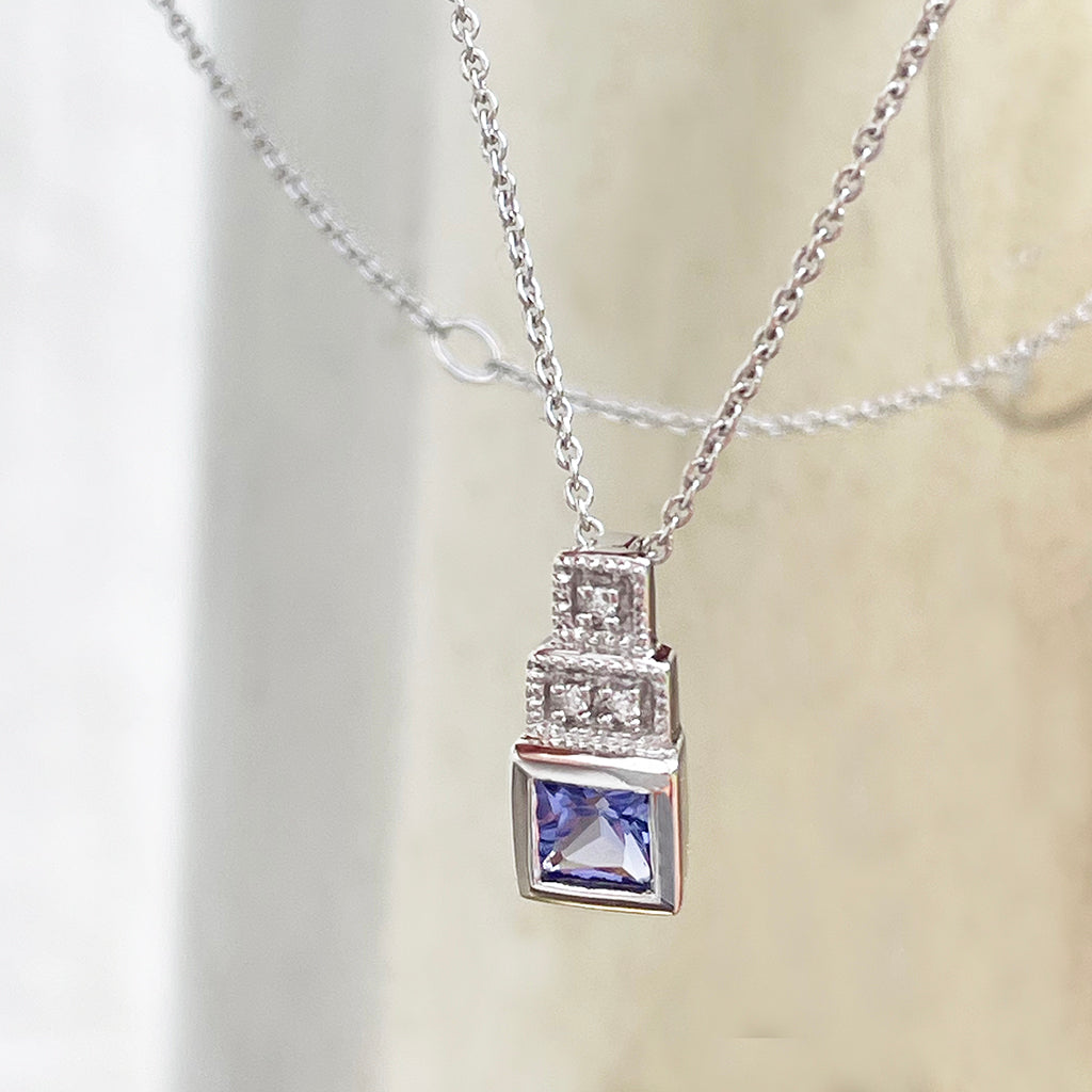 Vintage Inspired Tanzanite with Diamond Square Step Pendant