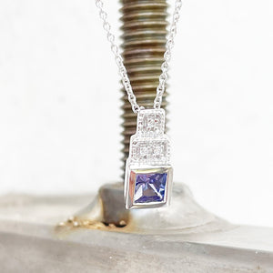 Vintage Inspired Tanzanite with Diamond Square Step Pendant