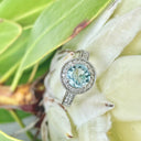 White Gold Aquamarine Ring with Diamond Halo and Band Accents