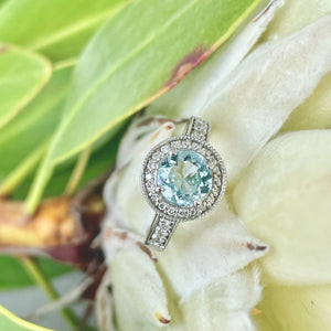 White Gold Aquamarine Ring with Diamond Halo and Band Accents
