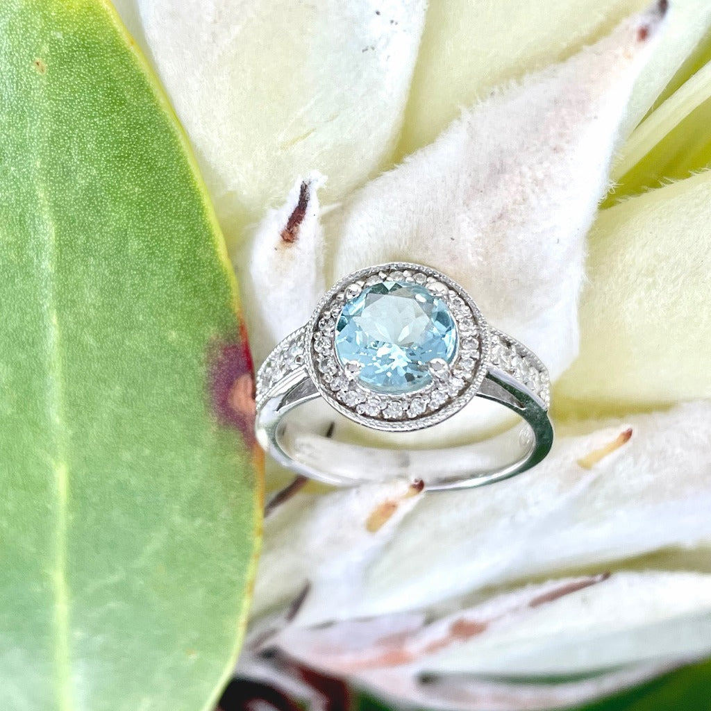 White Gold Aquamarine Ring with Diamond Halo and Band Accents