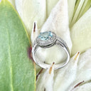 White Gold Aquamarine Ring with Diamond Halo and Band Accents