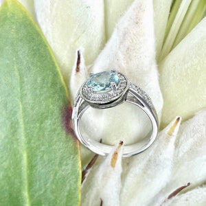White Gold Aquamarine Ring with Diamond Halo and Band Accents