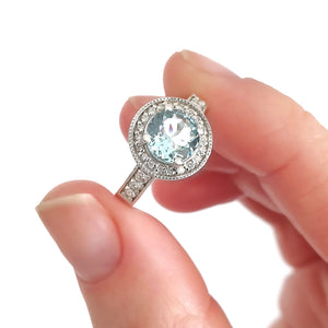 White Gold Aquamarine Ring with Diamond Halo and Band Accents