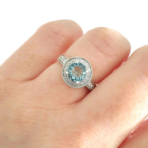 White Gold Aquamarine Ring with Diamond Halo and Band Accents