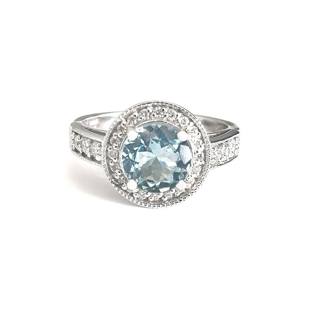 White Gold Aquamarine Ring with Diamond Halo and Band Accents
