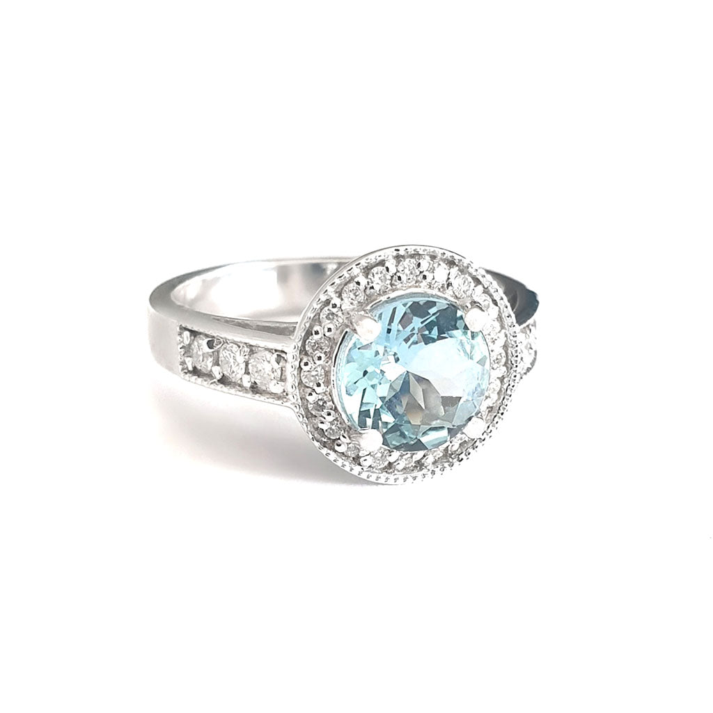 White Gold Aquamarine Ring with Diamond Halo and Band Accents