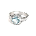 White Gold Aquamarine Ring with Diamond Halo and Band Accents