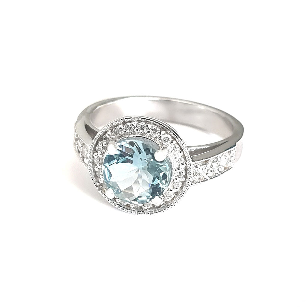 White Gold Aquamarine Ring with Diamond Halo and Band Accents