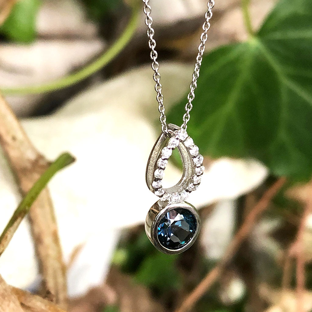 White Gold Diamond Pave Droplet and London Blue Topaz Pendant