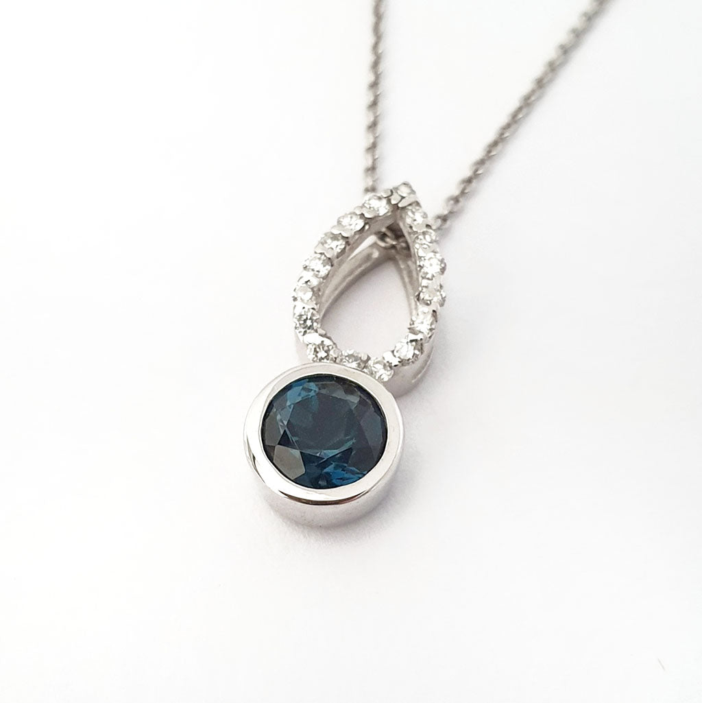 White Gold Diamond Pave Droplet and London Blue Topaz Pendant