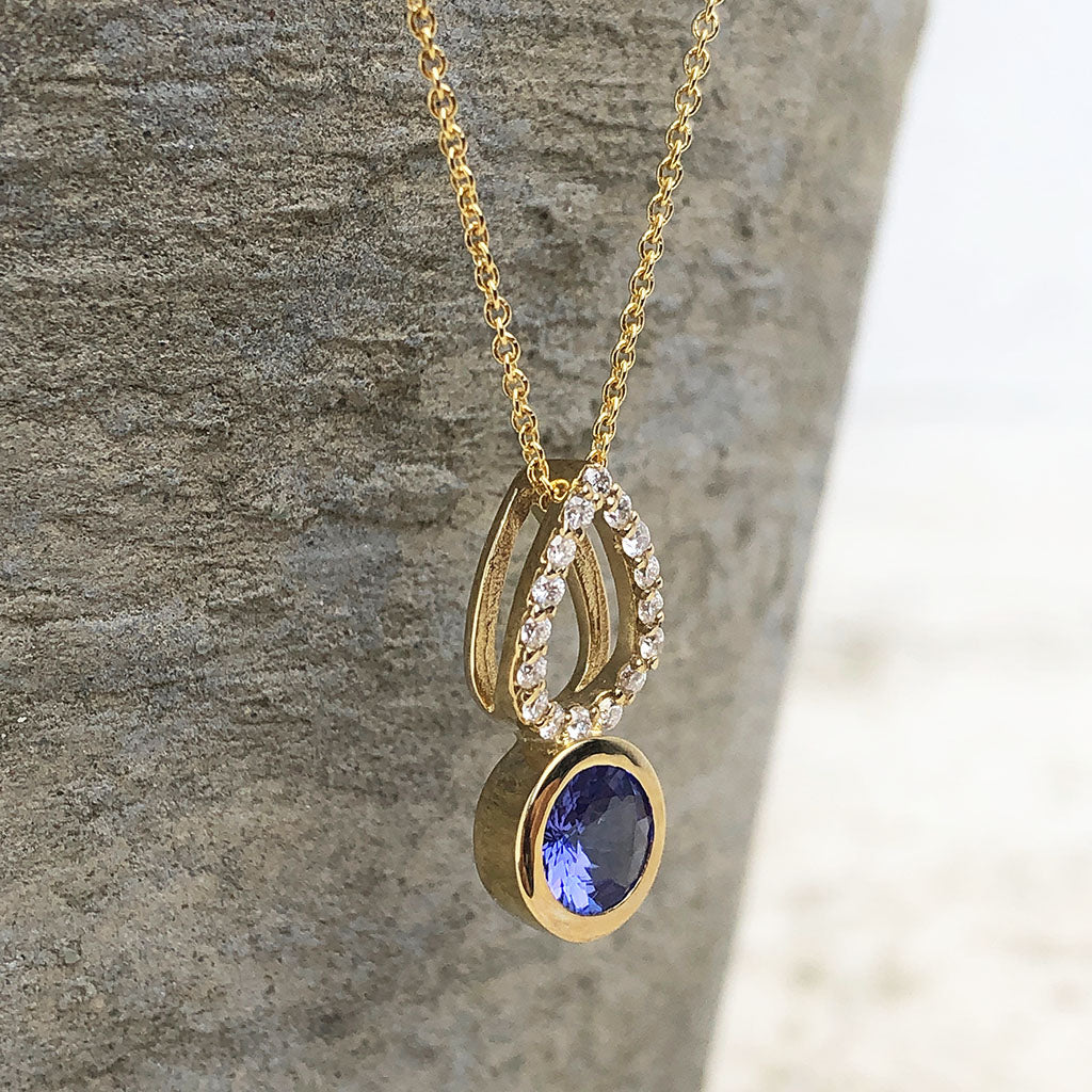Yellow Gold Diamond Pave droplet and Tanzanite Pendant