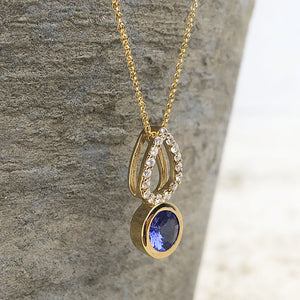 Yellow Gold Diamond Pave droplet and Tanzanite Pendant