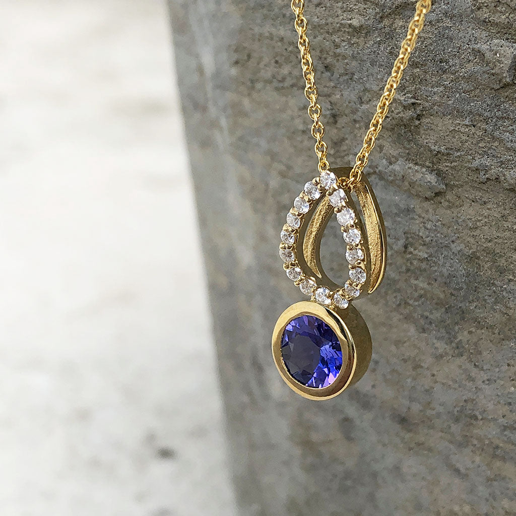 Yellow Gold Diamond Pave droplet and Tanzanite Pendant