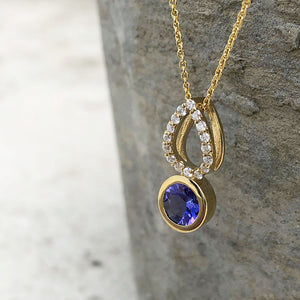 Yellow Gold Diamond Pave droplet and Tanzanite Pendant