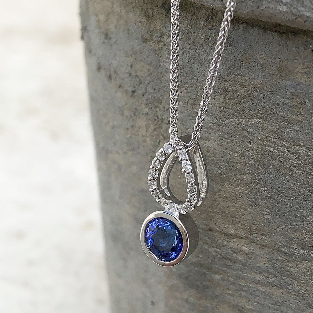 White Gold Diamond Pave droplet and Tanzanite Pendant