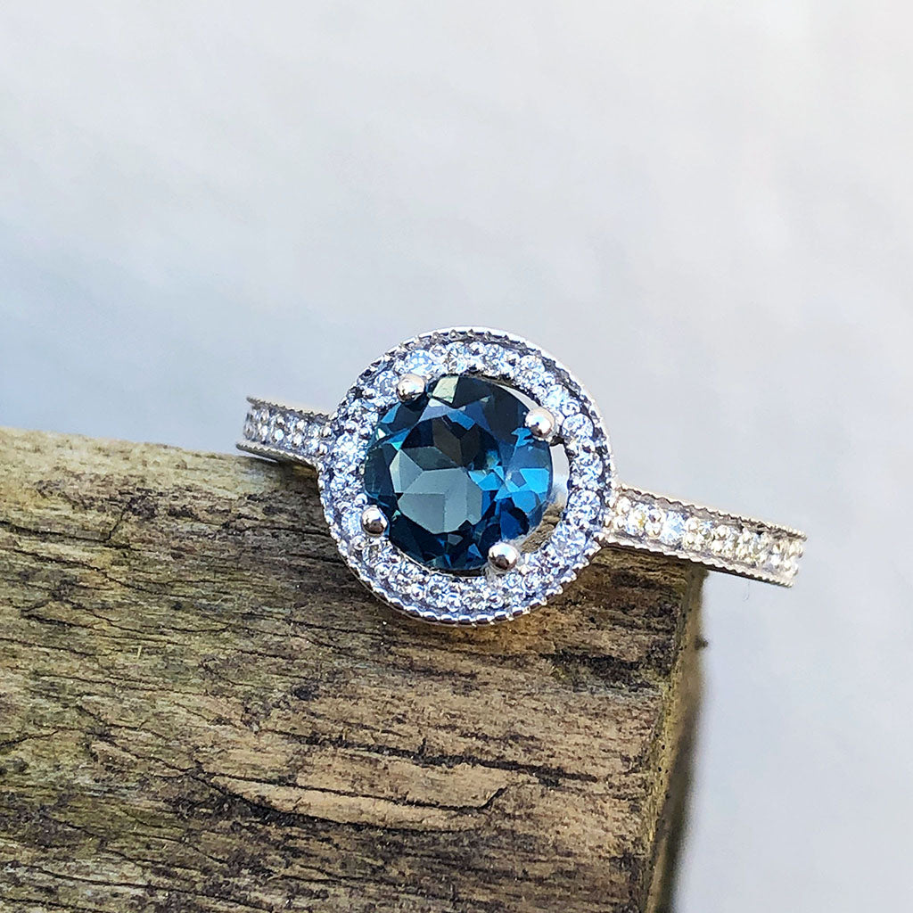 White Gold London Blue and Diamond Halo Ring