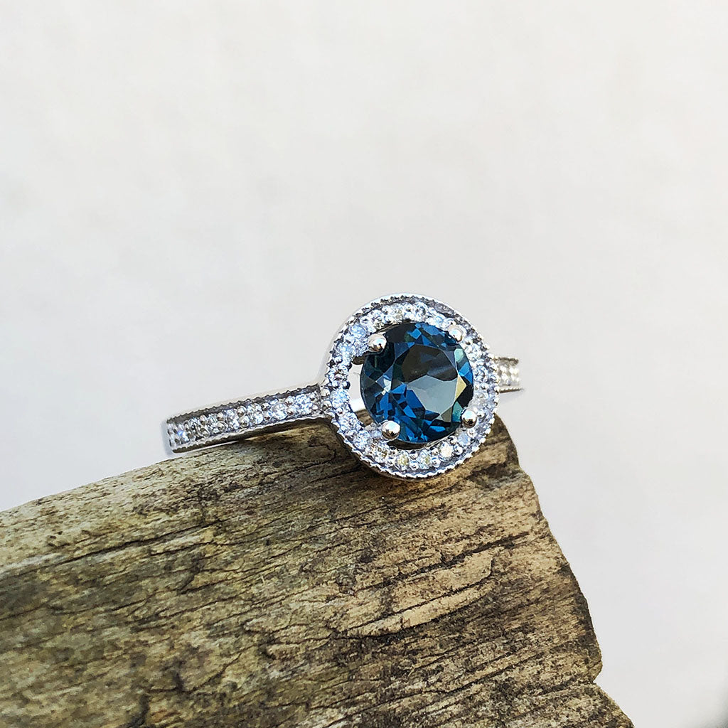 White Gold London Blue and Diamond Halo Ring