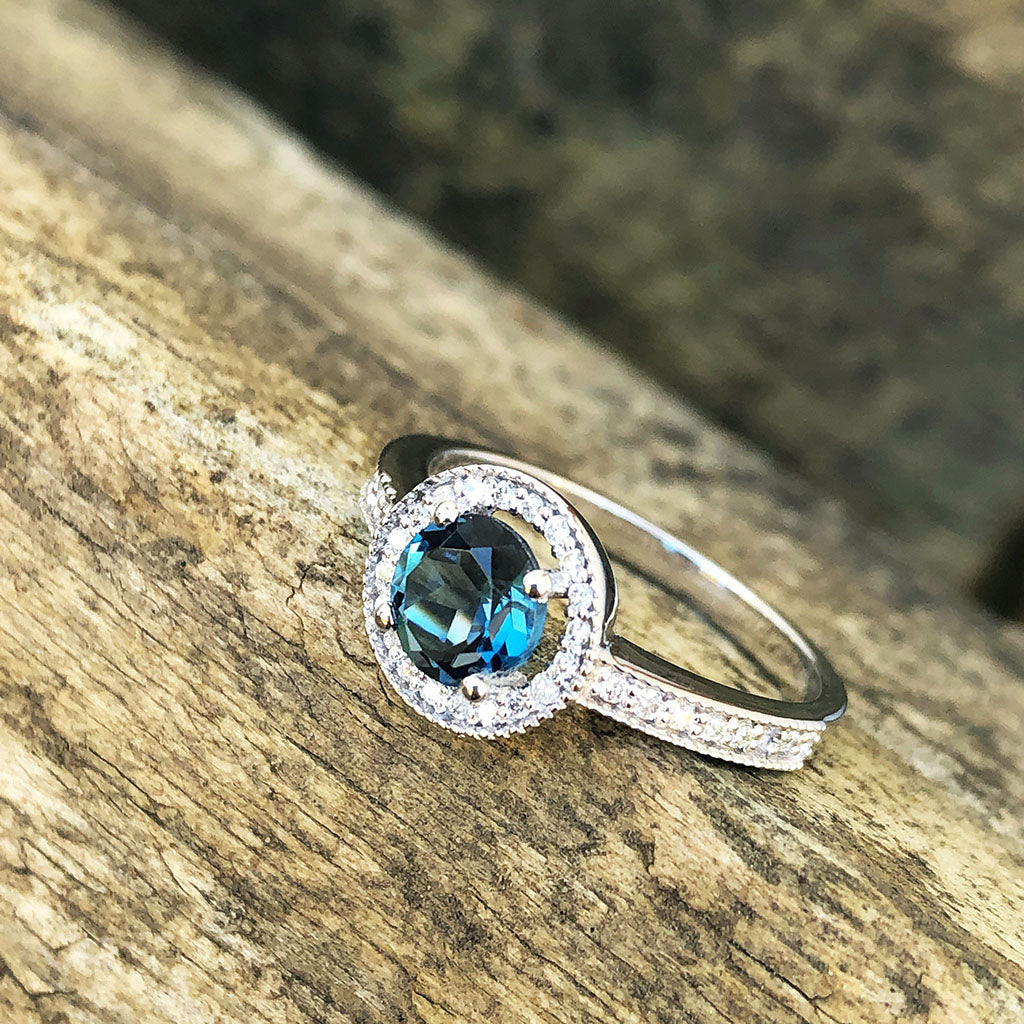 White Gold London Blue and Diamond Halo Ring