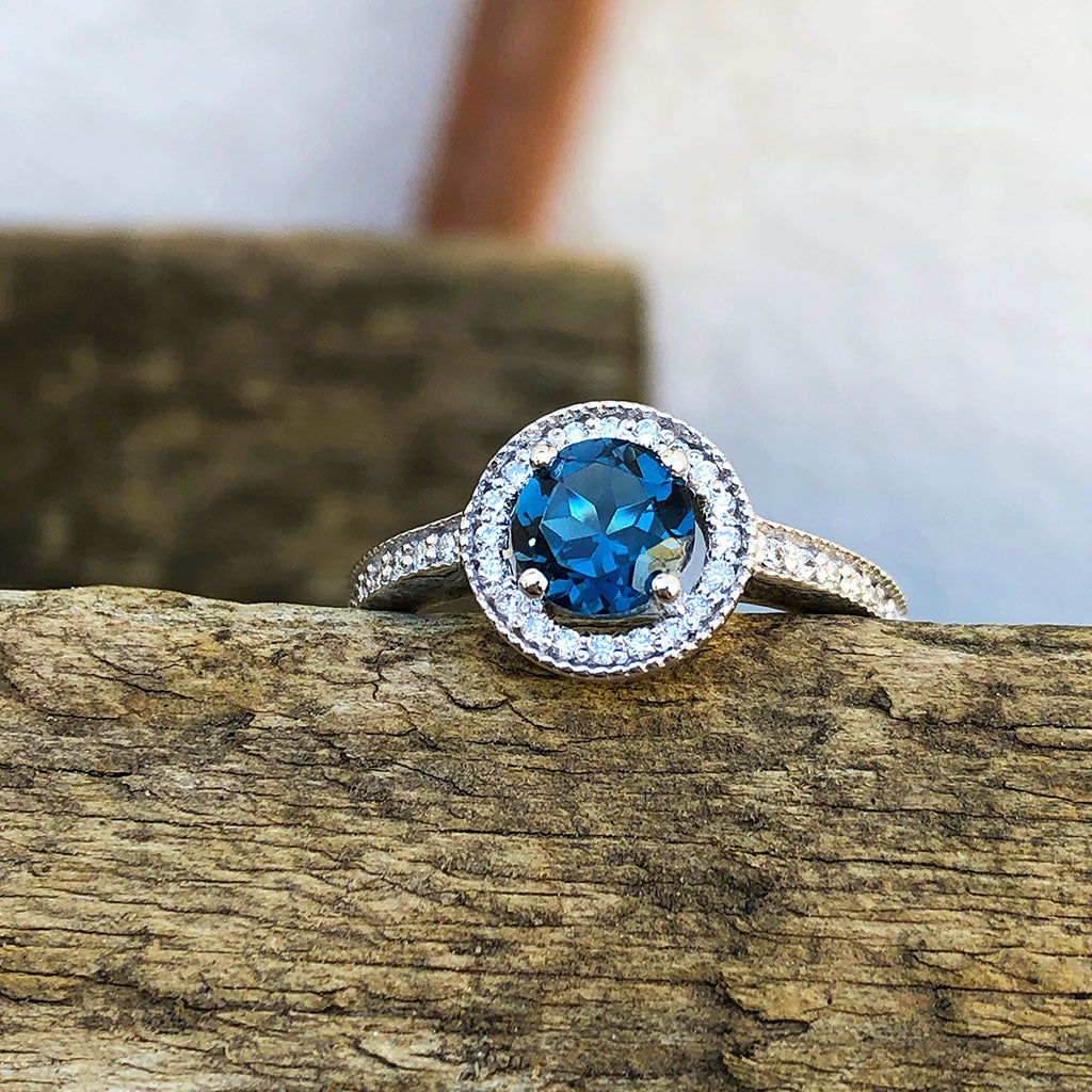 White Gold London Blue and Diamond Halo Ring