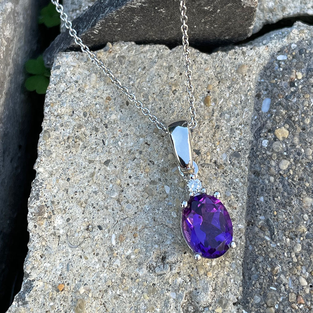 White Gold Oval Cut Amethyst and Diamond Highlight Pendant